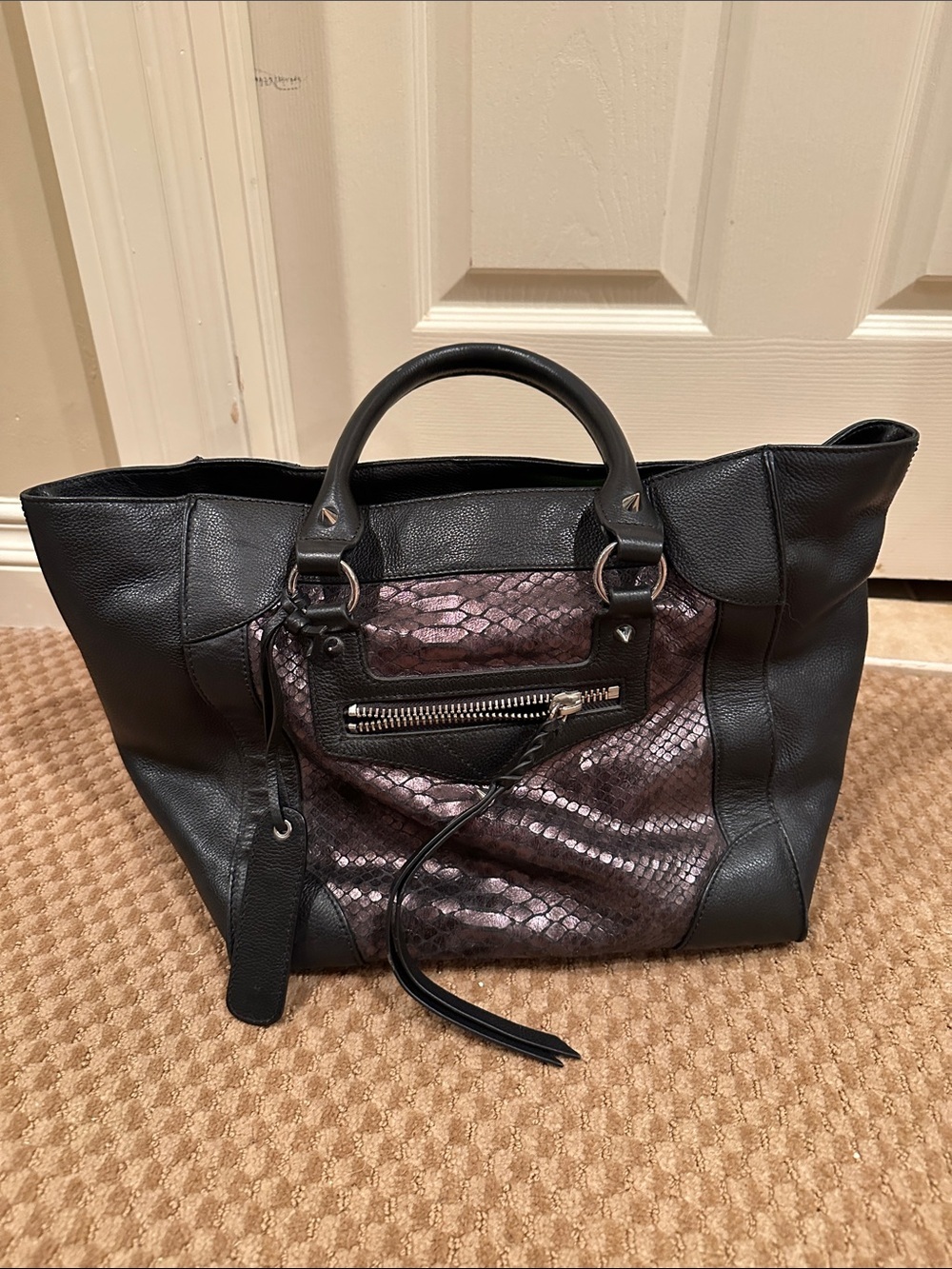Sam Edelman Black Tote with Metallic Snake-Embossed Front